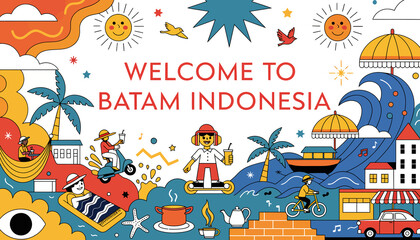Naklejka premium Welcome to Batam Indonesia Tropical Travel Art - Vibrant Illustration with Beach and City Elements