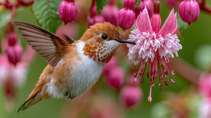 Fototapeta premium A rufous hummingbird sips nectar from a blooming fuchsia flower.