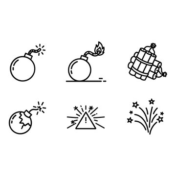 A collection of hand drawn explosive devices sketches featuring bombs dynamite and fireworks alongside a caution warning symbol in a monochrome style