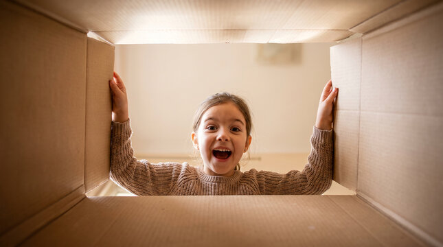 excited young girl opening cardboard box and smiling at camera, unboxing surprise package at home, ecommerce delivery concept, joyful reaction, lifestyle shopping, happy customer happiness experience