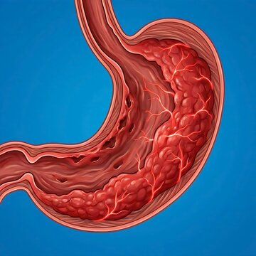 human stomach with a clear, localized ulcer crater on the lesser curvature, surrounded by inflamed tissue. The stomach is depicted with realistic internal folds (rugae), vibrant red inflammation,