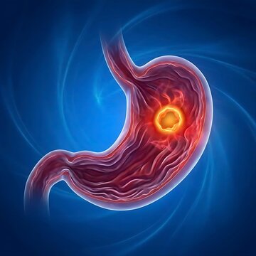a human stomach with a clear, localized ulcer crater on the lesser curvature, surrounded by inflamed tissue. The stomach is depicted with realistic internal folds (rugae), vibrant red inflammation, an