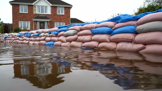 Flooded house with sandbag barrier protecting residential brick home, water reflection on floodwater, heavy rain in residential area