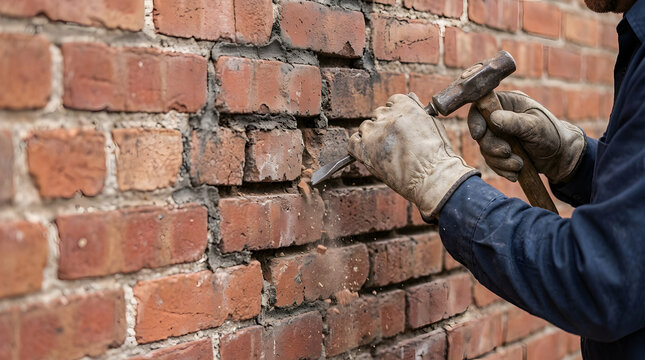 Close up of mason using hammer and chisel to repair vintage red brick wall, repointing masonry with precision during building restoration work, high resolution commercial photo asset.