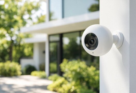 Modern outdoor security camera mounted on a white residential wall, providing wireless surveillance, property protection, smart home monitoring, privacy, and household safety.