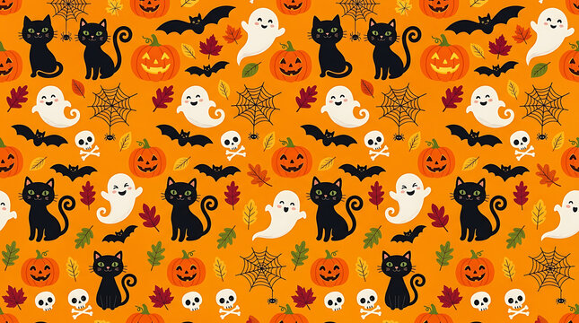 Seamless halloween pattern with cute black cats ghosts and pumpkins, black cat