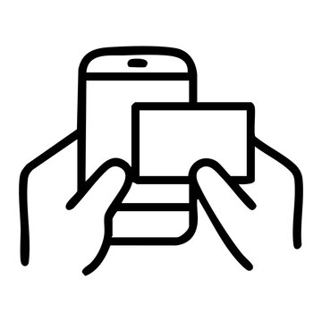 Outline image depicts two hands holding a vertical smartphone alongside a horizontal card for scanning or matching useful for digital payment, ID verification, card scanning apps, e-commerce interface