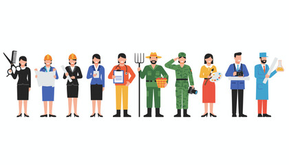 Fototapeta premium Diverse group of professionals standing in uniform representing various careers like medicine, art, and science.