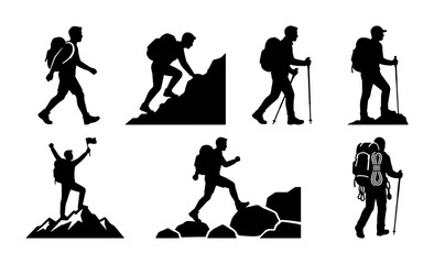 Fototapeta premium 70 Hiking Silhouette Collection: Mountain Climbers, Trekkers, and Adventurers with Backpacks and Poles, Vector Icons for Outdoor Exploration and Sports 100