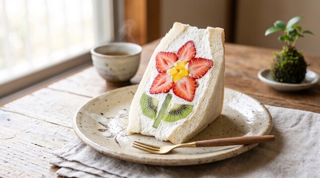 Japanese Fruit Sandwich Sando with Strawberry Flower Pattern