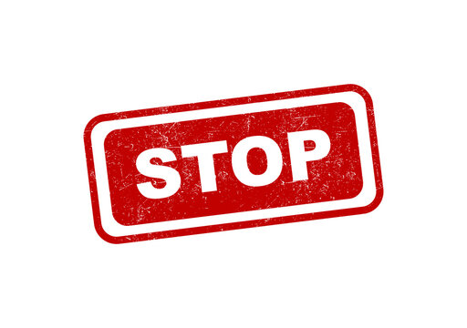 Red rectangular stop rubber stamp with a textured grunge ink effect design isolated on transparent background
