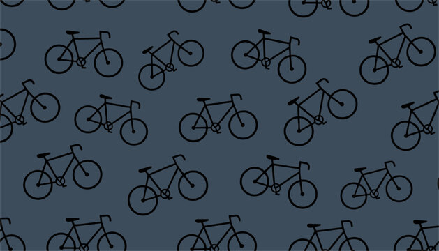 Seamless background pattern features simple black bicycle silhouettes on a solid dark grey background for active lifestyle.