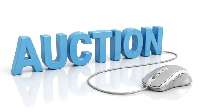 Bright blue three dimensional letters spelling auction connected to a modern grey computer mouse device base