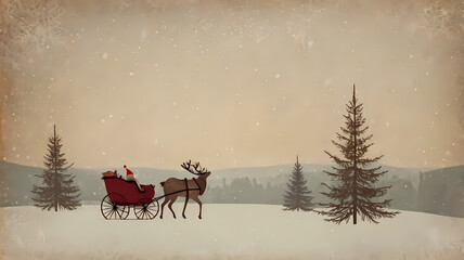 Fototapeta premium Vintage Christmas Sleigh and Reindeer in Snowy Winter Landscape