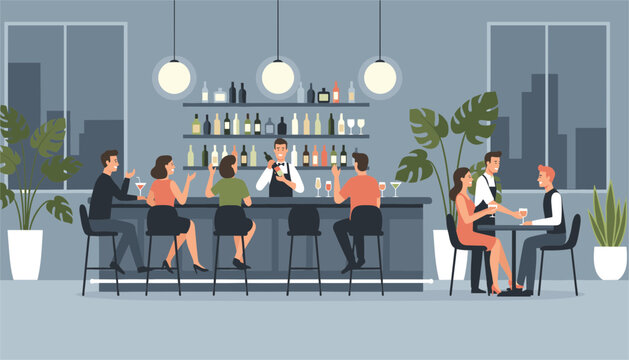 Chic cocktail lounge interior with patrons socializing at the bar counter and a couple enjoying drinks at a table.