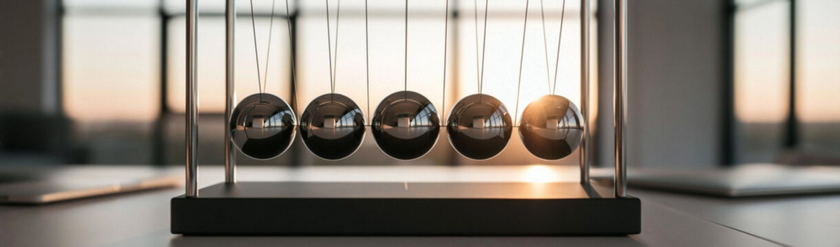 Newton's Cradle in Motion: A classic Newton's cradle with five polished metal spheres suspended by threads, captured in motion during a demonstration of energy transfer and conservation.