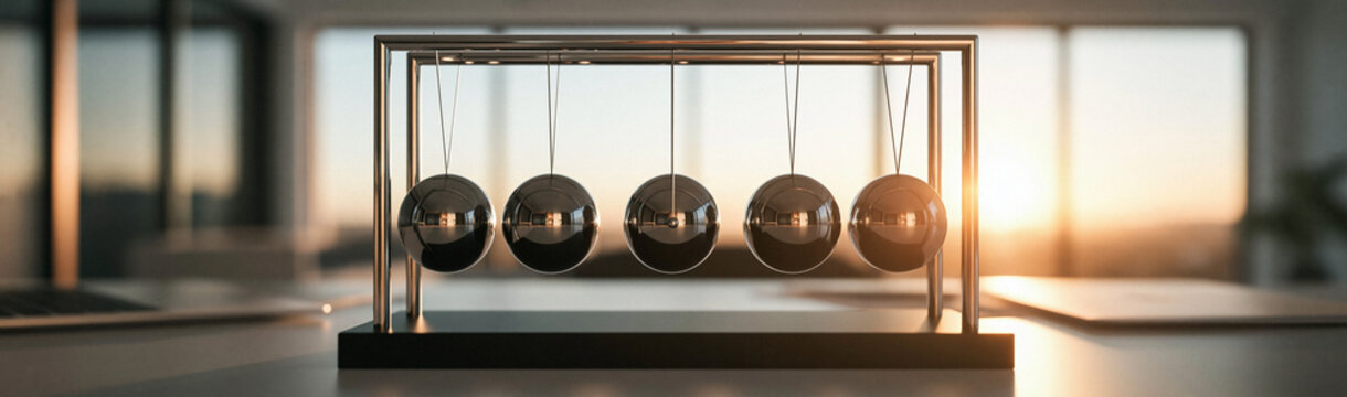 Newton's Cradle on a Desk: A classic Newton's cradle with five metallic spheres rests on a desk, showcasing the perpetual motion principle against a backdrop of a sunlit window.