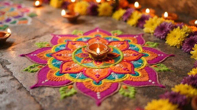 Colorful rangoli floor art design with a lit diya lamp and flower decorations