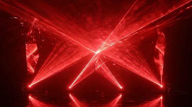 Dynamic Red Laser Light Show with Intersecting Beams in Dark Room