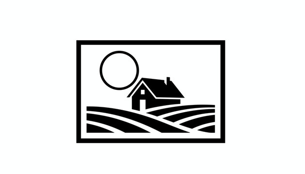 Framed black and white farmhouse silhouette on rolling hills under a large sun represents simple rustic farm life.