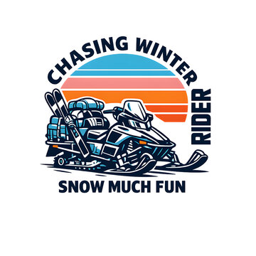CHASING WINTER Retro Travel T-Shirt Graphic with Rugged Snowmobile Loaded With Expedition Gear