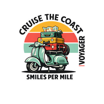 CRUISE THE COAST Retro Travel T-Shirt Graphic with Vintage Scooter Stacked With Travel Suitcases