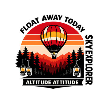 FLOAT AWAY TODAY Retro Travel T-Shirt Graphic with Hot Air Balloon Floating Above Pine Forests