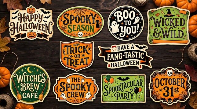 Set of decorative halloween labels and badges with spooky typography, halloween