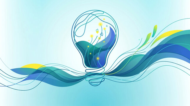 A lightbulb filled with flowing blue water and small plant sprouts, set against a bright blue and turquoise wavy background. The imagery symbolizes innovation, ideas, and growth.