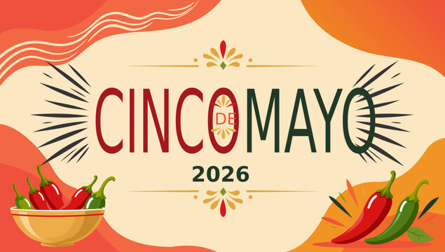 Cinco de Mayo 2026 banner with bold typography, colorful chili peppers, Mexican ornaments, and retro festive design