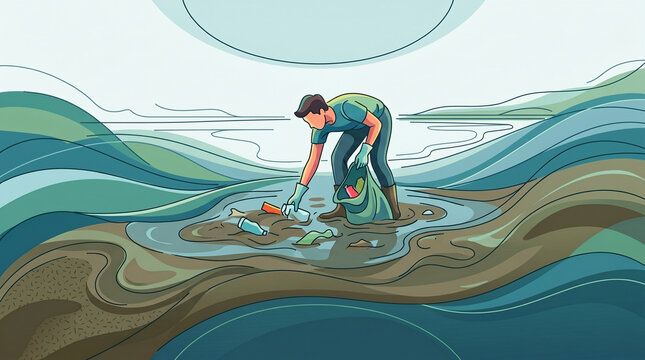 A person is cleaning up litter in polluted water. The person is wearing gloves and holding a bag, picking up trash from the water