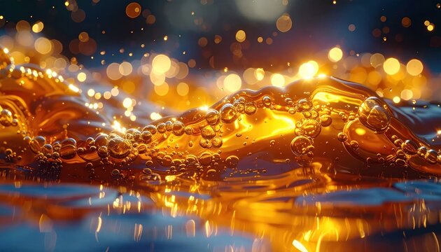 Golden liquid splashing with bubbles and bokeh lights