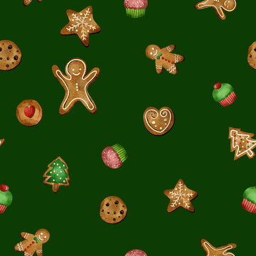 Watercolor christmas cookies and cupcakes seamless pattern
