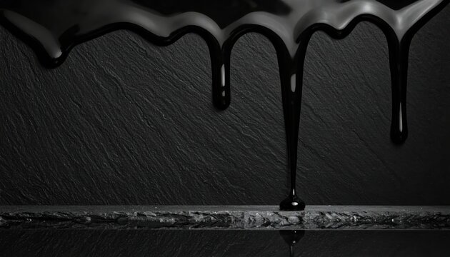 Thick black liquid dripping down textured dark slate stone surface