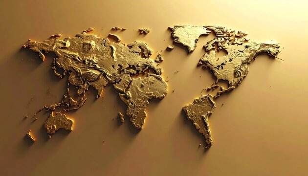 Textured golden 3D world map representing global business and wealth