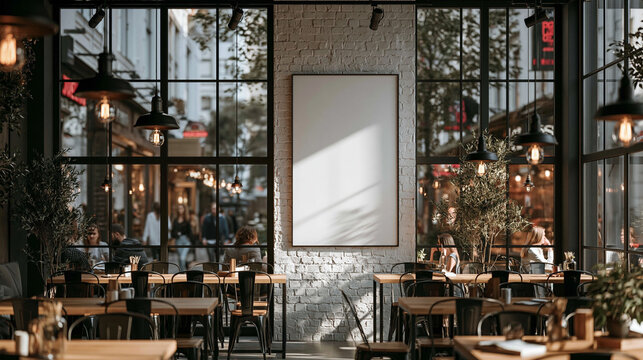 Urban Cafe Ambiance: A stylishly decorated urban cafe interior, featuring industrial pendant lights, wooden tables, and large windows overlooking a bustling street scene.