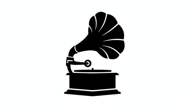 Classic retro phonograph or gramophone music player silhouette icon in black, isolated on a solid white background.