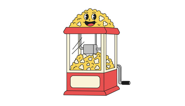 Retro style cartoon popcorn machine character filled with delicious yellow popcorn smiling with funny face expression.