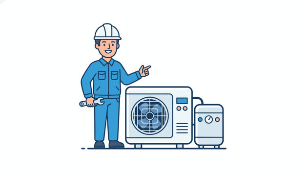 Friendly professional air conditioner technician wearing a hard hat and holding a wrench beside an outdoor ac unit.