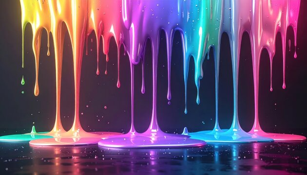 Vibrant rainbow paint dripping down against a dark background