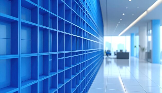 Blue architectural grid wall in bright modern office space