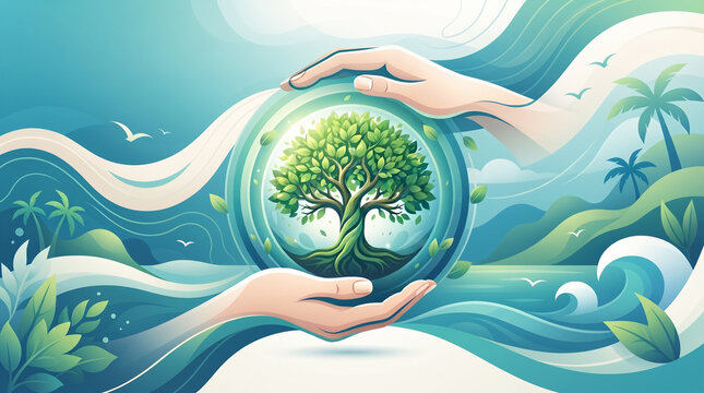Caring hands cradle a vibrant green tree inside a globe, symbolizing environmental protection and the interconnectedness of nature. The background features stylized waves, rolling hills.
