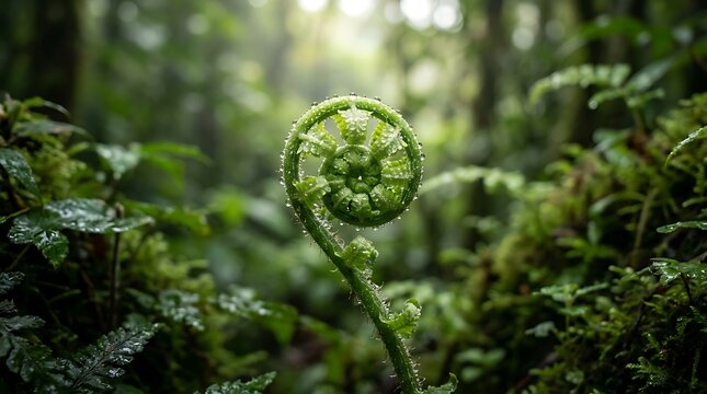 Young green fern fiddlehead uncurling in a misty rainforest