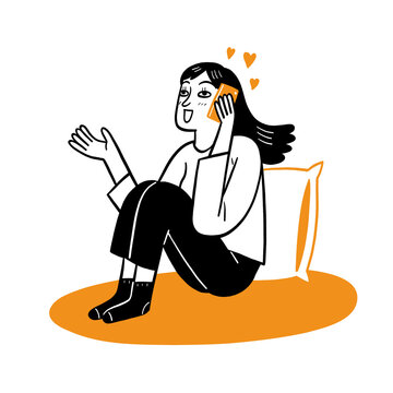 Woman on Phone Call Flat Illustration, Happy Conversation Character