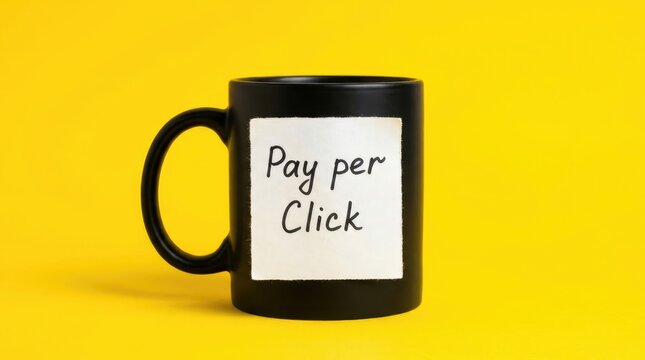 Black ceramic coffee mug featuring sticky note with pay per click text against yellow background