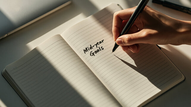 Midyear Goals Written in Notebook: A close-up shot captures a person's hand as they meticulously write Midyear Goals in a lined notebook, bathed in the soft, directional light of a sunlit room.