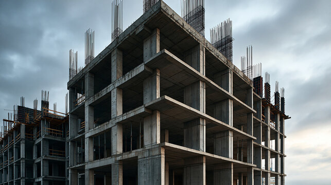 Construction Site Under Gray Skies: A skeletal frame of a concrete building under construction, with exposed rebar and unfinished floors, stands starkly against a moody, overcast sky.