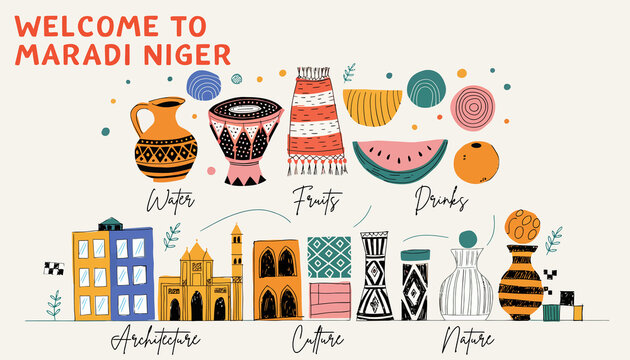 Welcome to Maradi, Niger: Vibrant Cultural Collage with Food, Architecture & Nature Elements