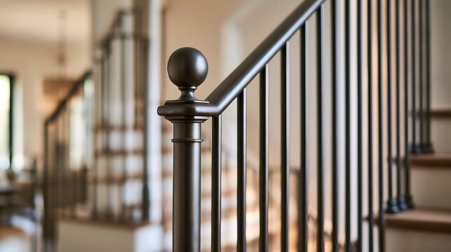 Modern staircase railing with metal balusters and wooden handrail.
