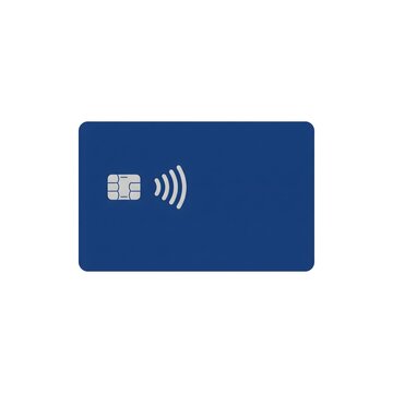 A blank blue credit card with a chip and contactless payment symbol.